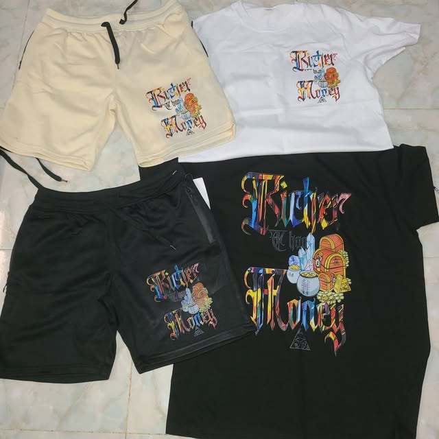 Richer Than Money sets: black and cream shorts with matching tees