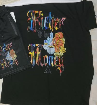 Black Richer Than Money tee with the full-color gothic lettering and treasure chest print